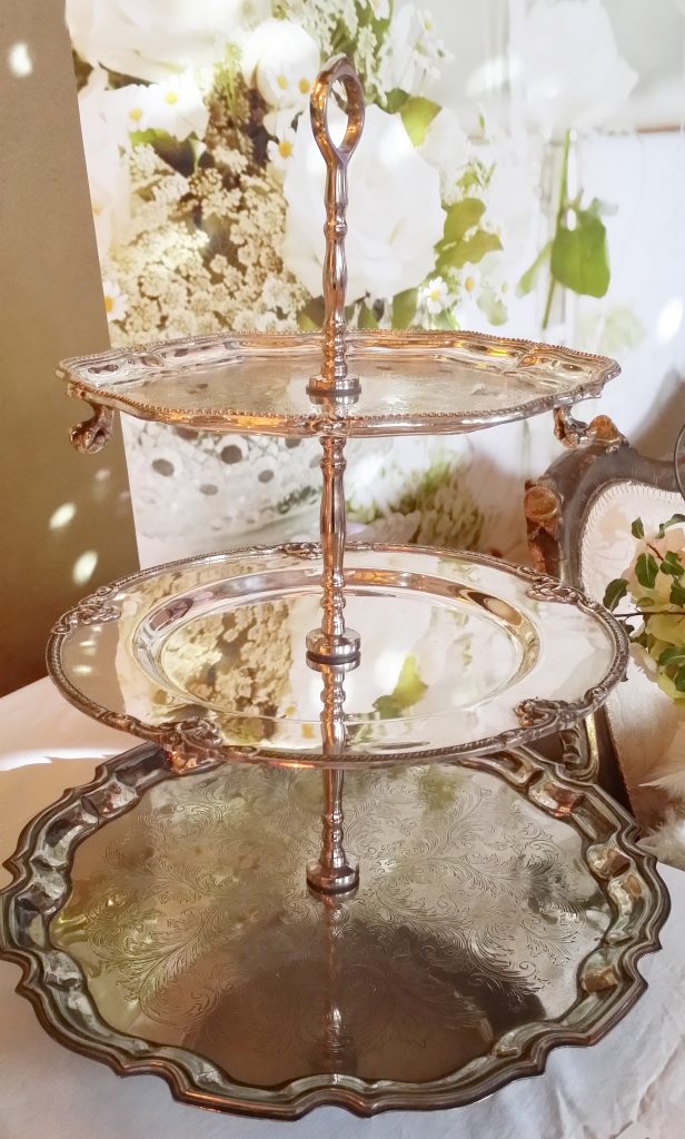 stunning vintage style three tier silver cake stand available to hire