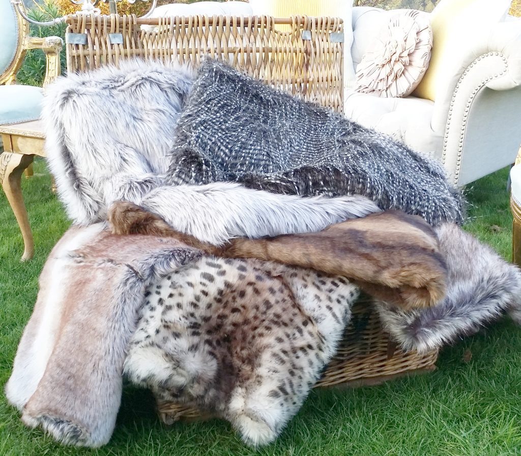 Hire luxury fake fur throws, blankets with vintage shabby chic furniture