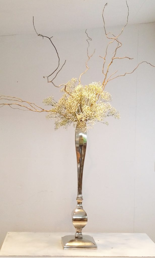 Large Gypsophila and twisted willow silver vase centrepiece for hire