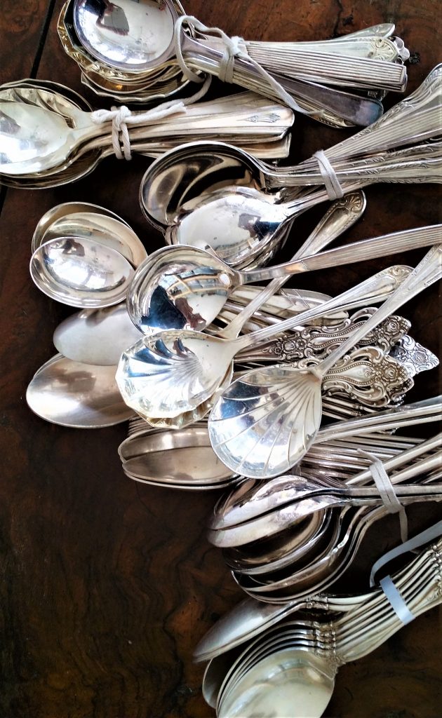 Beautiful quantity of vintage silver spoons in bunches for hire