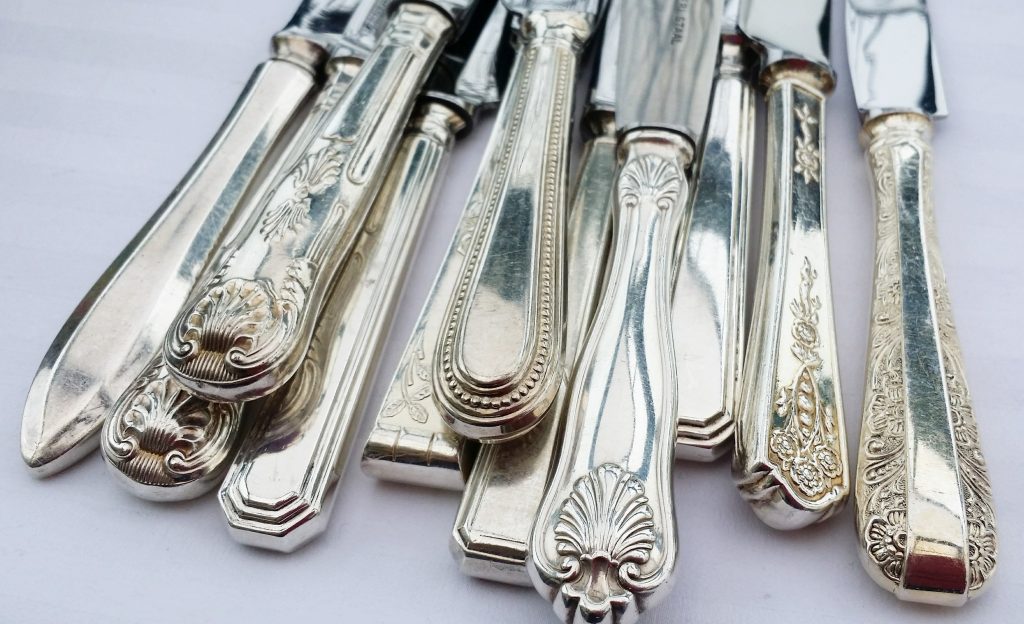 product detail of the handle of our silver vintage knives for hire